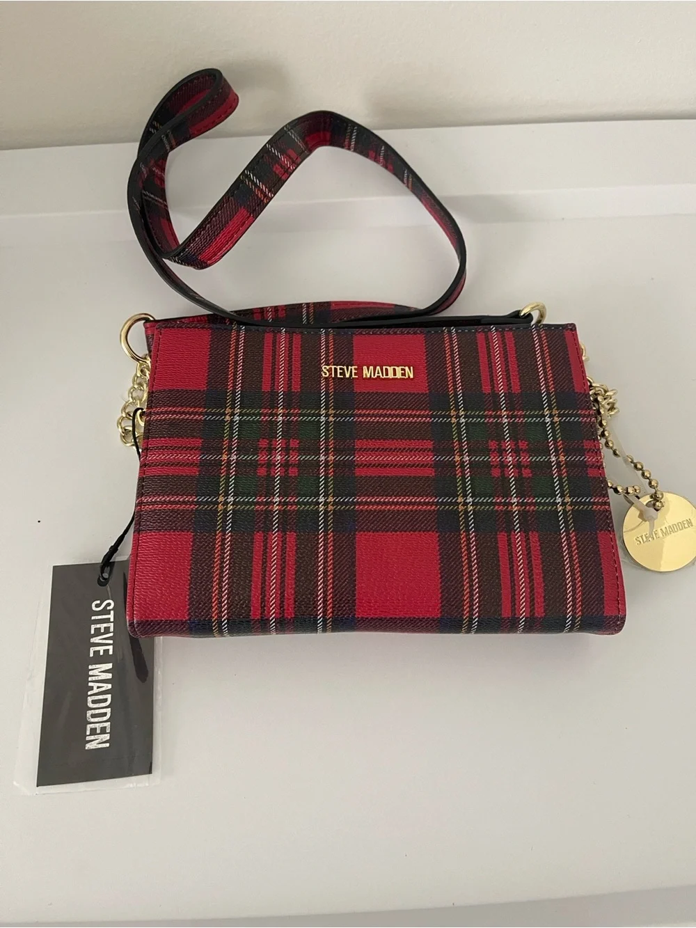 Steve Madden Red and Black Plaid Crossbody Bag with Gold Accents